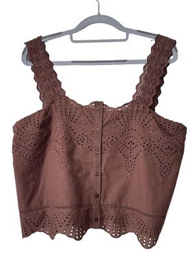 Joie Eyelet Embroidered Cotton Top NWT Brown Boho Scalloped Size L
